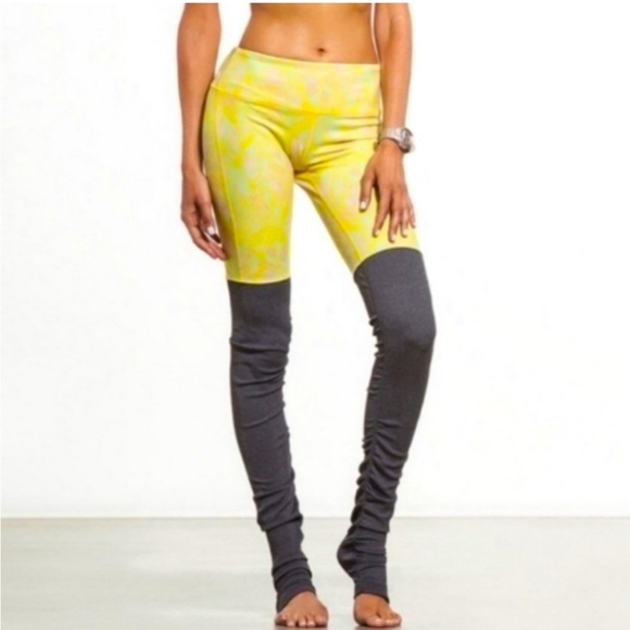 ALO Yoga Goddess Indio Zest High Waist Leggings Yellow Geometric & Gray Ribbed - Picture 3 of 16